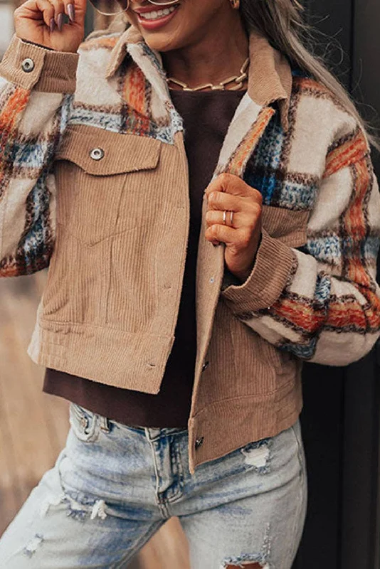 Khaki Plaid Corduroy Boxy Chunky JacketAsymmetrical Jackets