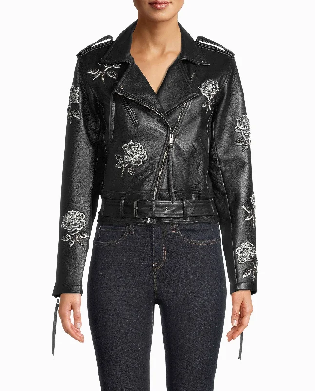 Nicole Miller Embellished Rose Moto JacketSheer Jackets