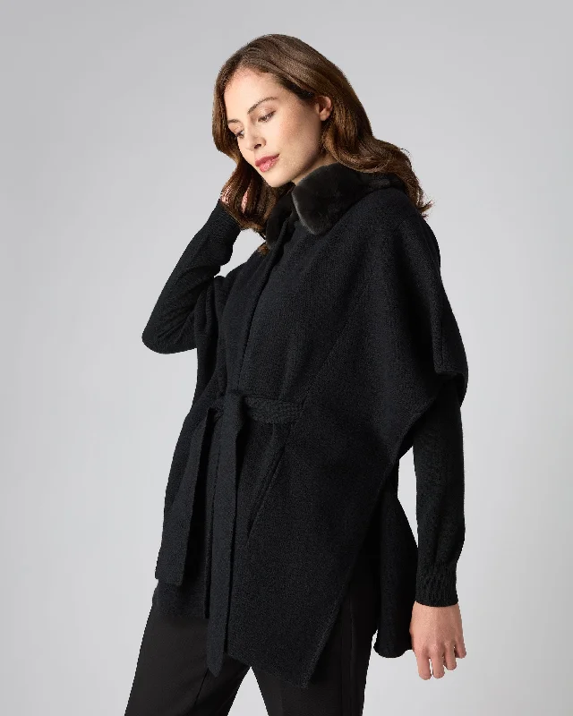 Women's Cashmere Cape With Fur Collar BlackLace-Up Jackets