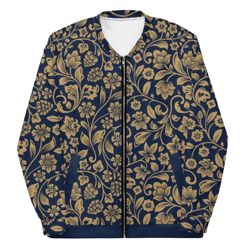 "Floral Lace" Collection - Navy and Golden Lace Print Unisex Bomber JacketEmbellished Jackets