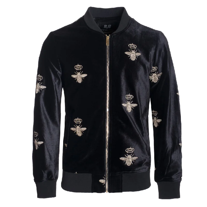 Black Velvet Bomber Jacket , Bumble bee embroidaryTrack Jackets