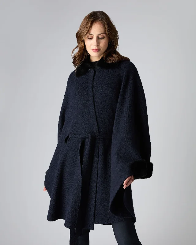 Women's Rex Trim Belted Cashmere Cape Navy BluePainted Jackets