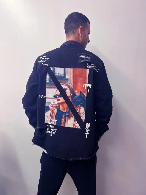 Men's Jean jacket with graphics, Black M4000Cotton Jackets