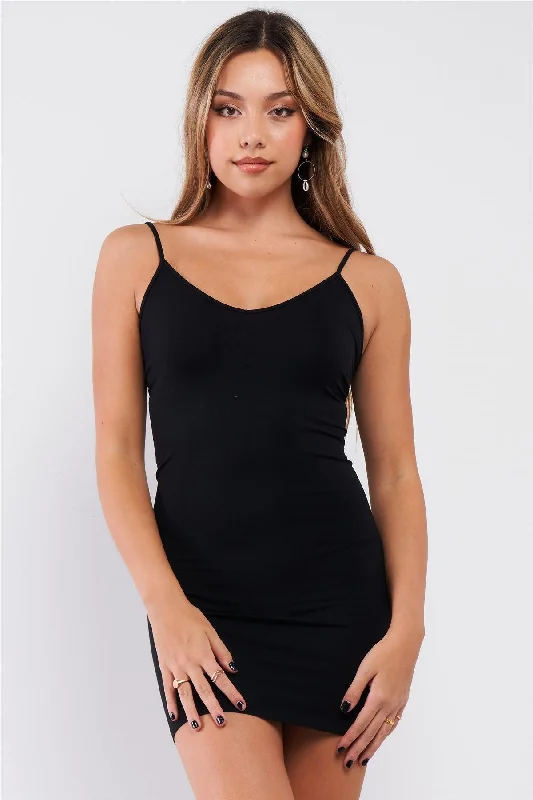 Mini DressBlack Solid Sleeveless Fitted Slip Cami Underdress /3-3