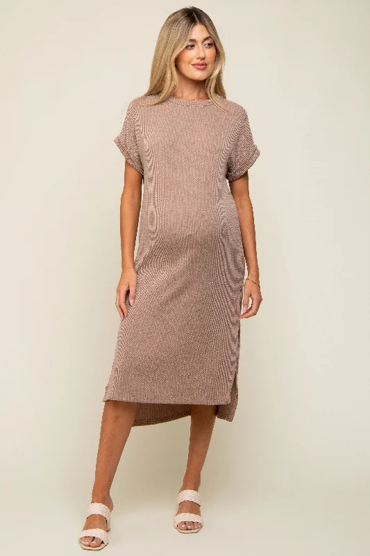 Halter DressMocha Ribbed Short Sleeve Maternity Midi Dress