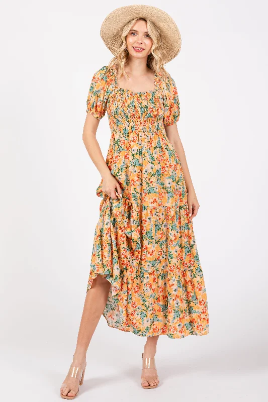 Shirt DressPeach Floral Smocked Tiered Midi Dress