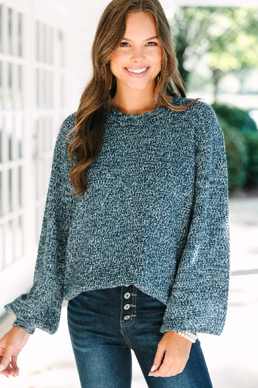 The Slouchy Navy Blue Bubble Sleeve SweaterPainted Knit Tops