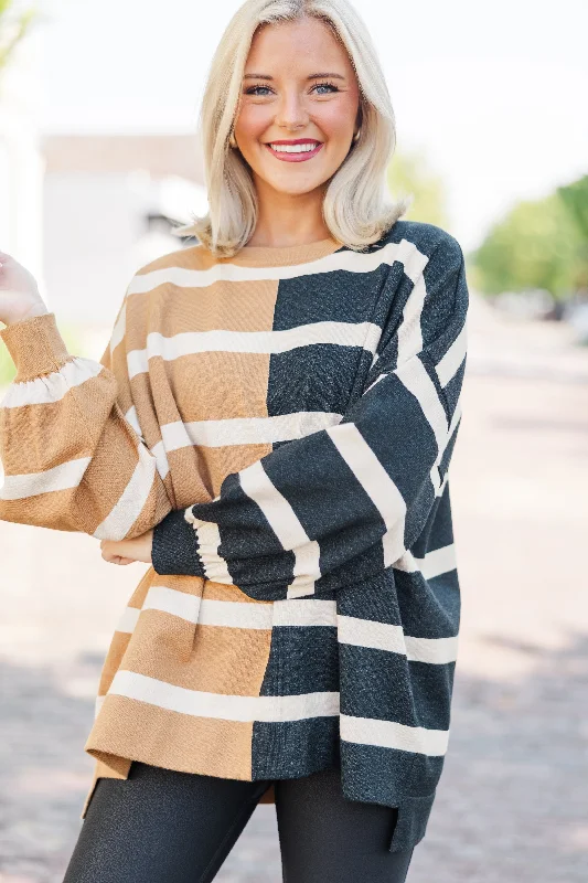 Live It Up Mocha/Black Striped SweaterWork Knit Tops