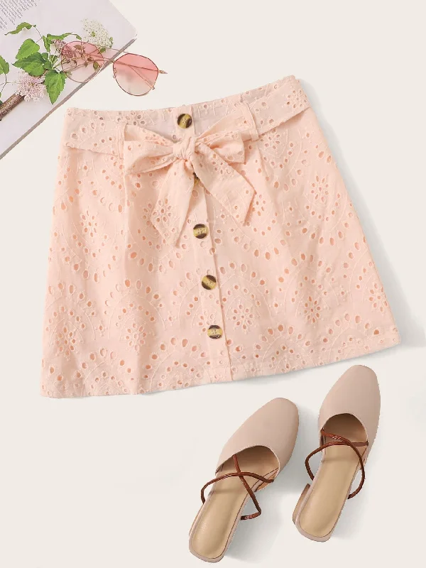 Eyelet Embroidered Button Belted SkirtBall Skirt