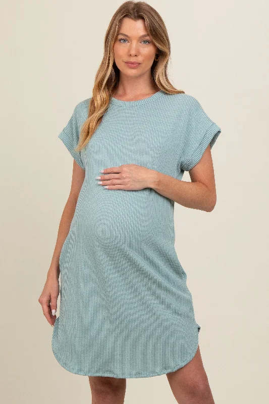 Boho DressLight Olive Ribbed Round Hem Maternity Dress