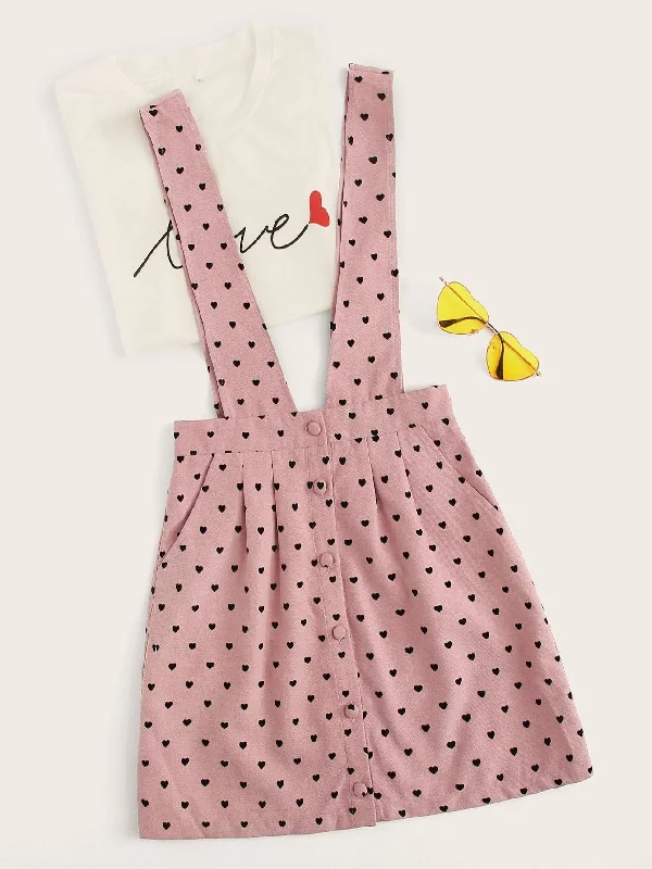 Button Front Fold Pleat Heart Print Pinafore SkirtOver Skirt