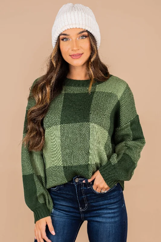 This Is The Move Deep Green Plaid SweaterTasseled Knit Tops