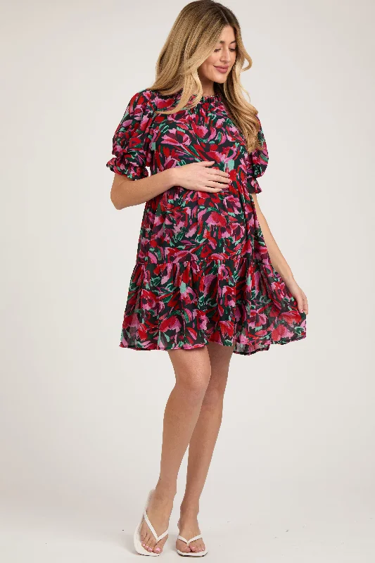 Utility DressBlack Abstract Floral Print Tiered Maternity Dress