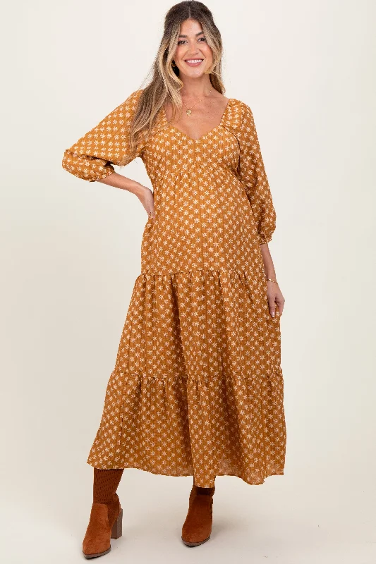 Dark Yellow Floral Long Sleeve Tiered Maternity Maxi Dress