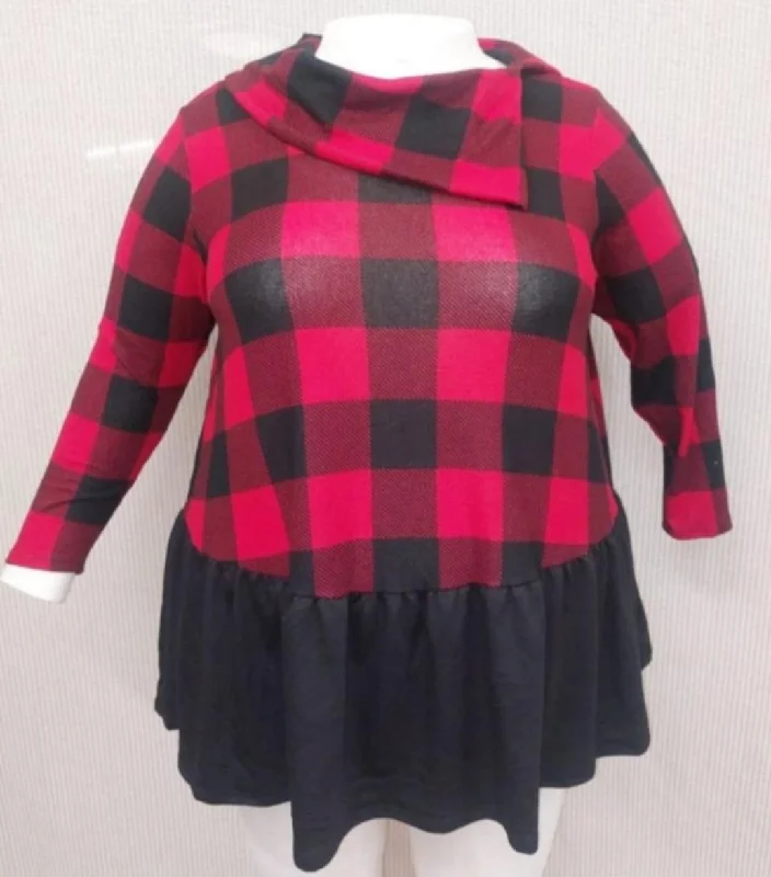 Button-Up ShirtsPSFU Red & Black Plaid Ruffle Bottom Collar Shirt Top