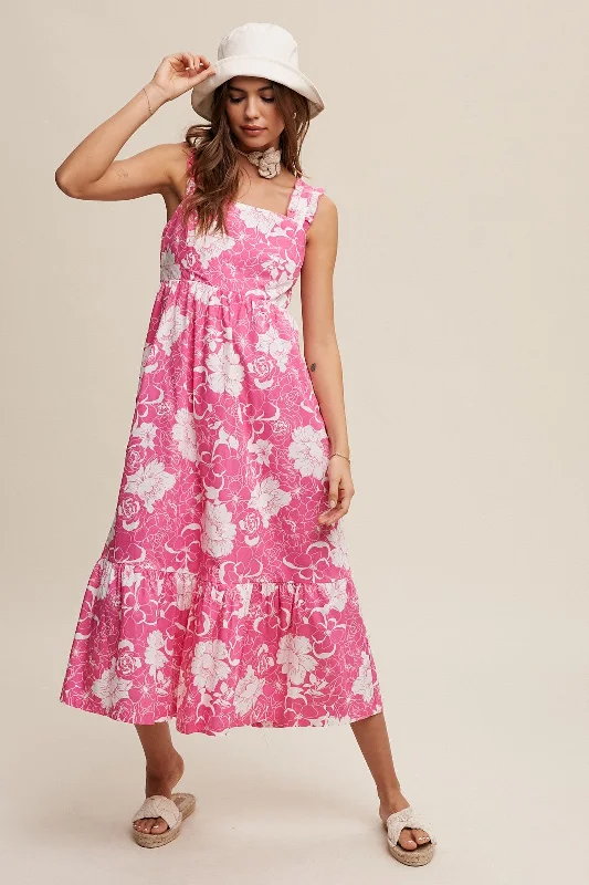 Prom DressFuchsia Floral Tiered Sleeveless Midi Dress