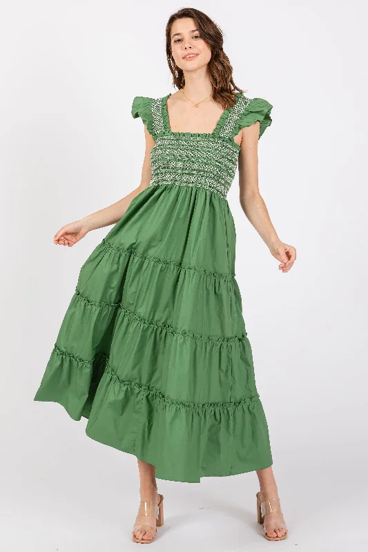 Sari DressGreen Embroidered Smocked Midi Dress