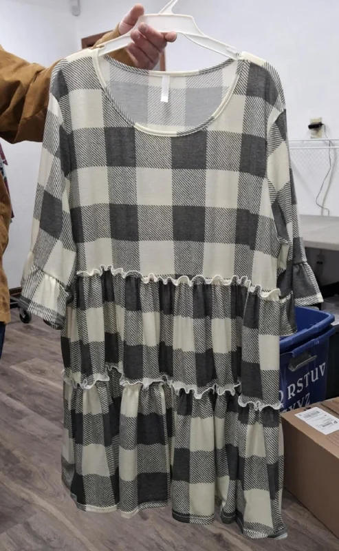 Leather-Paneled ShirtsGray Cream Plaid Tiered Shirt Top