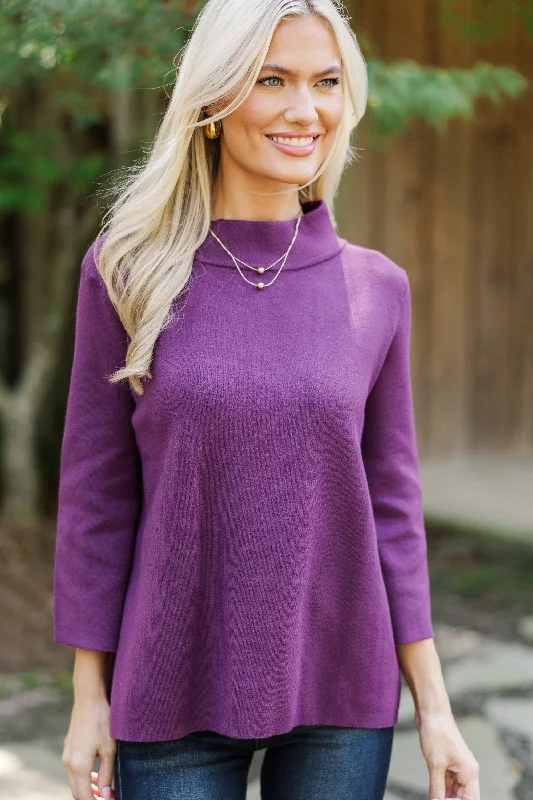 Just A Feeling Plum Purple Mock Neck SweaterPolyester Knit Tops