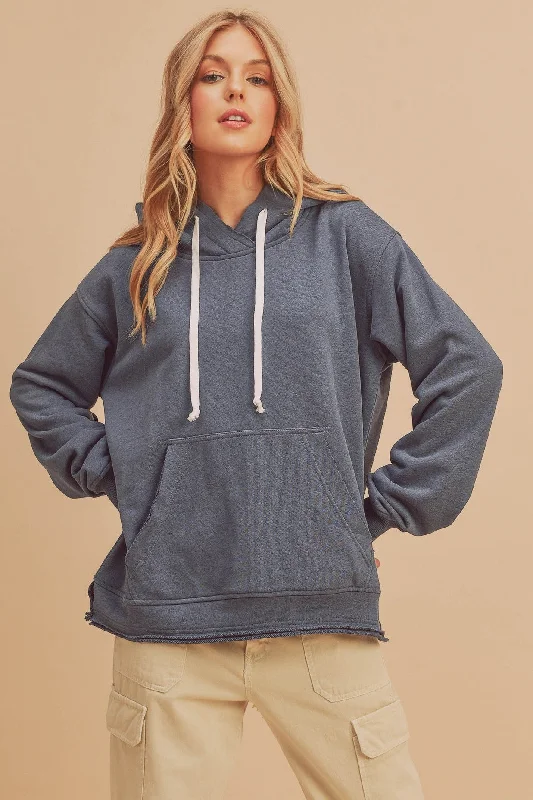 Athletic HoodiesBlue Raw Edge Trim Drawstring Hoodie