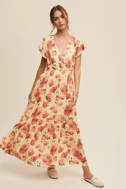 Prom DressLight Yellow Floral Print V-Neck Maxi Dress