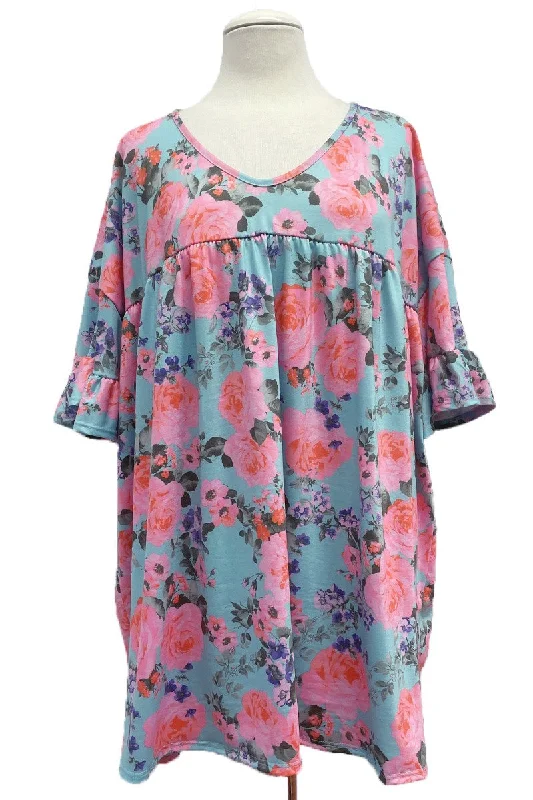 Fitted ShirtsBlue Pink Floral V Neck Shirt Top