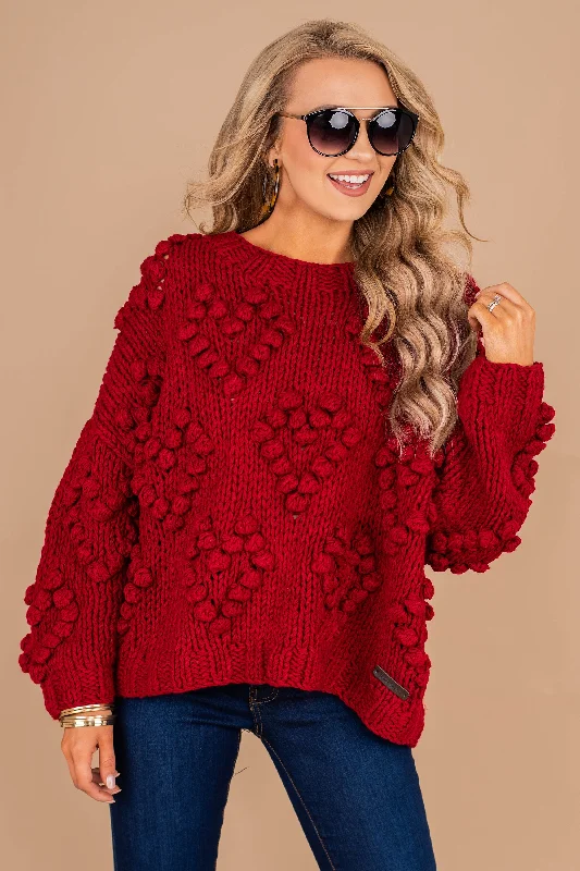 Love You More Red Pompom SweaterHooded Knit Tops