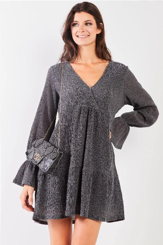 Prairie DressCharcoal Plunging V-Neck High-Waist Long Flare Sleeve Mini Dress /2-2-2