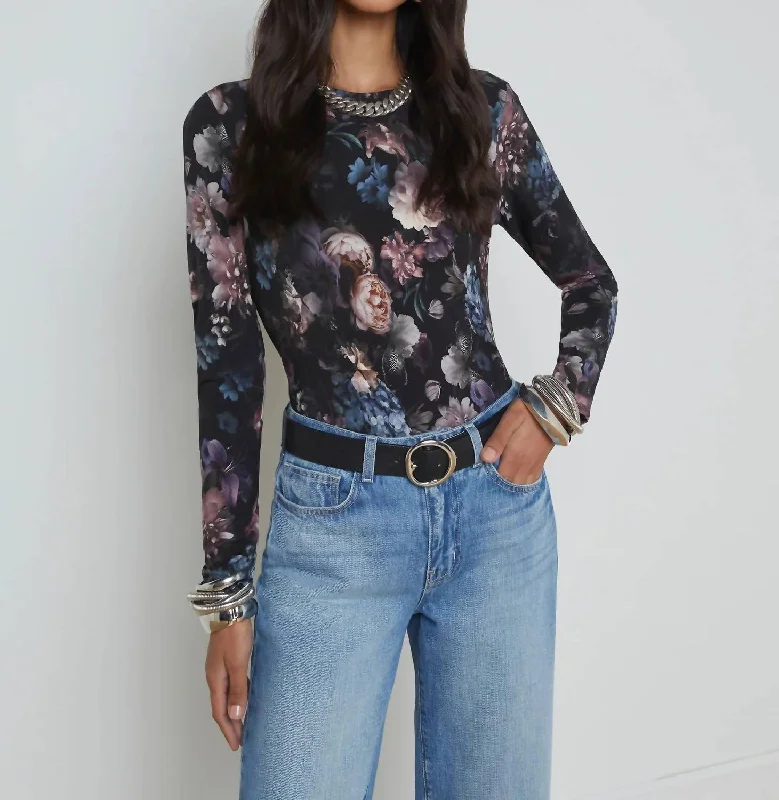 Tess Long Sleeve Tee In Black Multi Vintage Oil Flower