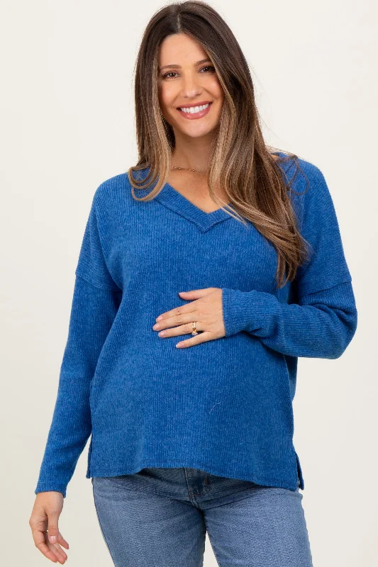 Royal Blue Ribbed V-Neck Long Sleeve Maternity Top