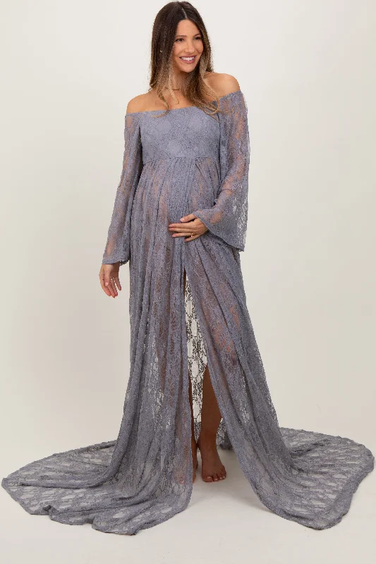 Gray Lace Long Sleeve Off Shoulder Slit Draped Maternity Photoshoot Dress