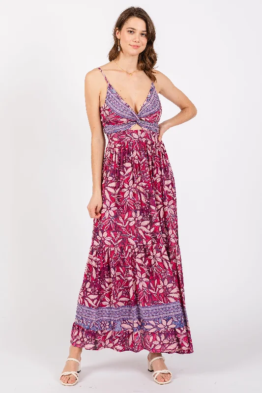 Geometric DressPurple Floral Strapless Front Tie Knot Maxi Dress