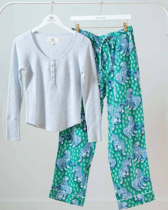 Stirrup PantsTiger Queen - Cozy Henley & Lightweight Flannel PJ Pants Set - Jade