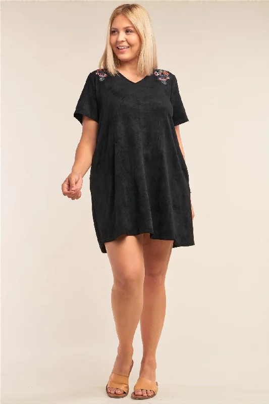 Sheer DressJunior Plus Size Black Suede Floral Print Detail Relaxed Fit V-Neck Mini Dress /3-2-1