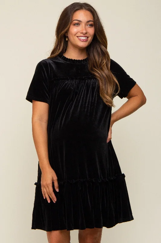 Striped DressBlack Ruffle Accent Velvet Maternity Dress