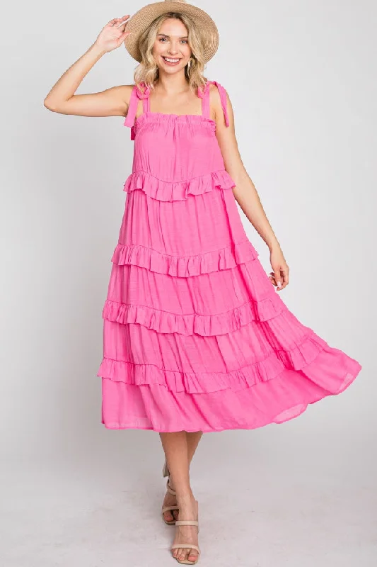 Cocktail DressFuchsia Ruffle Tiered Midi Dress