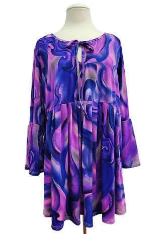 Work ShirtsPurple Blue Swirl Tie Dye Shirt Top w Tie Neck