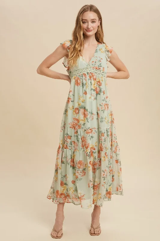 Cocktail DressGreen Tea Floral Chiffon Flutter Sleeve Maxi Dress