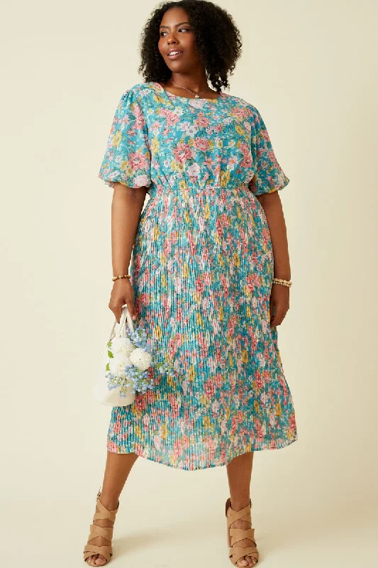 Uniform DressTeal Floral Pleated Plus Size Midi Dress