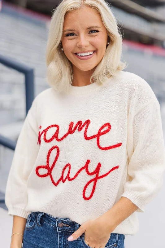 It's Game Day Ivory/Red Puff Sleeve SweaterAlpaca Knit Tops