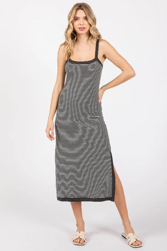 Embroidered DressCharcoal Striped Sleeveless Fitted Side Slit Dress