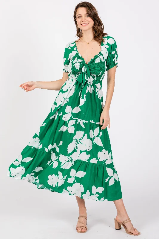 Shift DressGreen Floral Smocked Knotted Top Maxi Dress