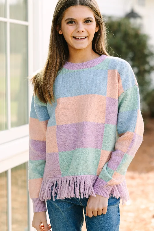 Girls: Make Your Day Lavender Multi Checkered SweaterCotton Knit Tops