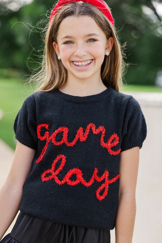 Girls: It's Game Day Black/Red Puff Sleeve SweaterOff-Shoulder Knit Tops