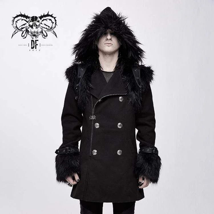 Gym HoodiesMen's Goth Double-breasted Faux Fur Hooded Coat