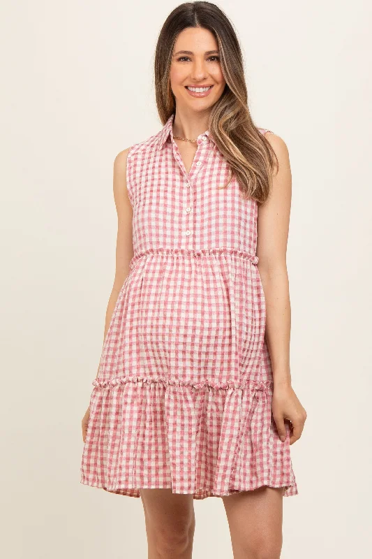 Silk DressPink Gingham Button Front Collared Maternity Dress