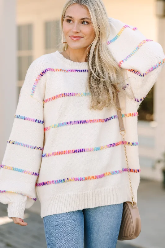 Stuck On You Cream White Rainbow Stitched SweaterColorblock Knit Tops