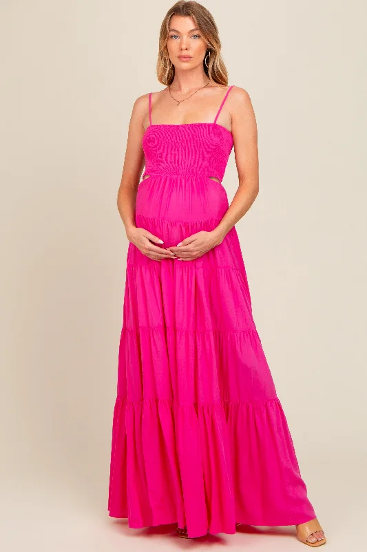 Retro DressPink Smocked Cutout Maternity Maxi Dress