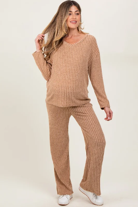 Taupe Ribbed Soft Knit Long Sleeve Maternity Pajama Set