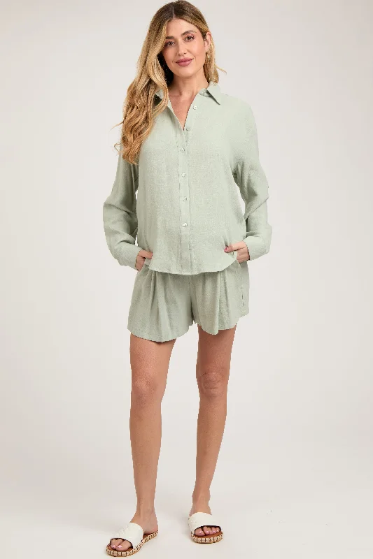 Mint Green Linen Button Down Long Sleeve Maternity Short Set